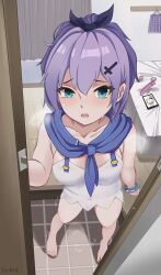Rule 34 | 1girl, @ @, absurdres, after masturbation, aqua eyes, armpit crease, azur lane, black bow, blue eyes, blush, bottomless, bow, bracelet, breasts, chaye mo, checkered clothes, checkered skirt, commander (azur lane), commentary request, cross hair ornament, dildo, doorway, dutch angle, embarrassed, from above, full body, hair bow, hair ornament, heavy breathing, highres, indoors, javelin (azur lane), jewelry, looking at viewer, medium breasts, medium hair, open mouth, opening door, portrait (object), pov, pov doorway, purple hair, pussy juice, sex toy, shirt, signature, skirt, solo, standing, vibrator, wavy mouth, white shirt