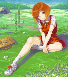 Rule 34 | 1girl, aged down, breasts, brown eyes, brown hair, daigoman, day, dress, eyelashes, female focus, full body, head tilt, legs, looking away, meiko (vocaloid), nature, outdoors, own hands together, pinafore dress, plant, rural, sakine meiko, shoes, short hair, sitting, sky, sleeveless, sleeveless dress, smile, socks, solo, swept bangs, vocaloid, white socks