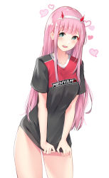 Rule 34 | 1girl, :d, black shirt, blush, collarbone, commission, cowboy shot, darling in the franxx, green eyes, hairband, heart, highres, horns, leaning forward, long hair, looking at viewer, naked shirt, okamired, open mouth, pink hair, print shirt, shirt, shirt tug, short sleeves, simple background, smile, solo, standing, straight hair, very long hair, white background, white hairband, zero two (darling in the franxx)