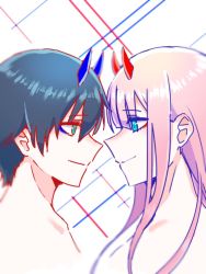 Rule 34 | 10s, 1boy, 1girl, black hair, blue eyes, blue horns, commentary request, couple, darling in the franxx, face-to-face, facing another, green eyes, hetero, hiro (darling in the franxx), horns, long hair, looking at another, nude, oni horns, pink hair, raichi274, red horns, short hair, zero two (darling in the franxx)