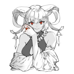 Rule 34 | 1girl, arknights, bare shoulders, breasts, carnelian (arknights), cropped torso, dress, hair between eyes, hand up, highres, horns, jewelry, looking at viewer, medium breasts, monochrome, off shoulder, red eyes, ring, simple background, sleeveless, sleeveless dress, solo, spot color, upper body, white background, yoshiga