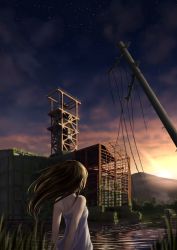 Rule 34 | 1girl, arms behind back, brown hair, building, child, cloud, dark, dress, from behind, grass, highres, hill, long hair, motor vehicle, nekusashun, original, pickup truck, plant, power lines, river, ruins, scenery, sky, star (sky), starry sky, sun, sunset, truck, upper body, utility pole, vehicle, vines, water, white dress, wind