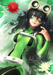 Rule 34 | 10s, 1girl, arkuny, artist name, asui tsuyu, belt, black eyes, black hair, black thighhighs, bodysuit, boku no hero academia, boots, breasts, breasts apart, cowboy shot, eyebrows hidden by hair, face paint, female focus, floating, floating hair, flower, frog girl, from above, goggles, goggles on head, green bodysuit, green hair, hair between eyes, hair spread out, lips, long hair, looking away, looking up, lotus, lying, medium breasts, partially submerged, patreon username, pointing, pointing at self, red flower, sidelocks, solo, thigh boots, thighhighs, thighs, water, wet, white flower