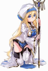 Rule 34 | 10s, 1girl, blonde hair, blue eyes, boots, botsumoto, commentary request, dress, goblin slayer!, hair between eyes, hat, highres, long hair, looking at viewer, on one knee, priestess, priestess (goblin slayer!), solo, staff, thigh boots, thighhighs, thighs, very long hair, white background, white footwear, wide sleeves
