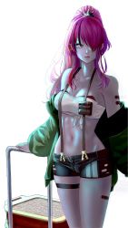Rule 34 | 1girl, akutaji, bandaid, bandaid on leg, bandaid on thigh, bandeau, bare shoulders, black hair, black shorts, breasts, cleavage, commentary request, cowboy shot, green jacket, hair over one eye, highres, jacket, lain paterson, lain paterson (1st costume), long hair, long sleeves, looking at viewer, medium breasts, midriff, multicolored hair, navel, nijisanji, off shoulder, open clothes, open fly, open jacket, parted lips, pouch, red hair, short shorts, shorts, simple background, solo, standing, stomach, strapless, streaked hair, suspenders, thigh strap, thighs, tube top, virtual youtuber, white background