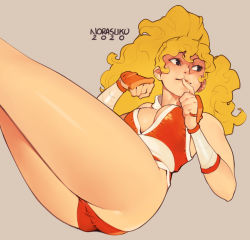 Rule 34 | 1girl, artist name, ass, bandages, bare shoulders, blonde hair, breasts, capcom, cleavage, clenched hand, closed mouth, commentary, final fight, final fight 2, genryuusai maki, grey background, highleg, highres, japanese clothes, lips, long hair, looking away, looking to the side, medium breasts, norasuko, panties, ponytail, shiny skin, signature, simple background, sleeveless, solo, street fighter, thighs, underwear