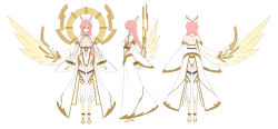 Rule 34 | 1girl, absurdres, arms at sides, boots, borrowed character, breasts, character sheet, commission, detached sleeves, feathered wings, flat color, from behind, from side, full body, glowing, glowing wings, green eyes, hair ornament, halo, highres, large breasts, long hair, looking at viewer, multiple views, mytea (soso), navel, original, red hair, sandals, skeb commission, solo, standing, star (symbol), star hair ornament, straight-on, thigh boots, waist cape, white background, wings