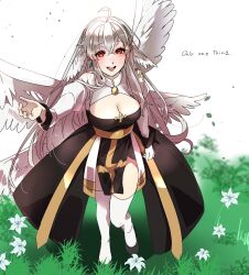 Rule 34 | 1girl, ahoge, arch bishop (ragnarok online), black footwear, blush, breasts, cleavage, cleavage cutout, clothing cutout, commentary, cross, crossed bangs, datenshi no fu, dress, english text, feathered wings, flower, full body, grass, hair between eyes, highres, juliet sleeves, large breasts, lily (flower), long bangs, long hair, long sleeves, looking at viewer, open mouth, pelvic curtain, puffy sleeves, ragnarok online, reaching, red eyes, sash, shoes, smile, solo, standing, symbol-only commentary, teeth, thighhighs, two-tone dress, upper teeth only, white background, white dress, white flower, white thighhighs, white wings, wings, yellow sash