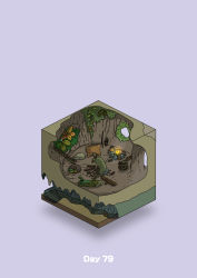 Rule 34 | absurdres, arrow (projectile), axe, bow (weapon), bowl, campfire, cave, chopping, commentary request, diorama, gozz, highres, holding, holding axe, isometric, log, original, plant, pot, purple background, quiver, stairs, weapon, window
