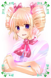 Rule 34 | 1girl, alice margatroid, alternate hairstyle, bad id, bad pixiv id, blush, drill hair, female focus, gradient background, nanase nao, plant, solo, touhou, upper body, white background