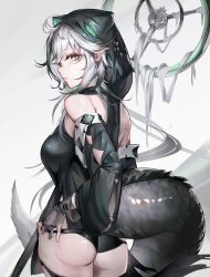 Rule 34 | 1girl, absurdres, adjusting clothes, adjusting panties, ahoge, arknights, ass, bare shoulders, black thighhighs, breasts, crocodilian tail, gloves, grey hair, highres, hiyaori (hiyahiyaval), holding, hood, long hair, looking at viewer, looking back, panties, partially fingerless gloves, pointy ears, simple background, solo, staff, tail, thighhighs, tomimi (arknights), torn clothes, torn thighhighs, underwear, yellow eyes