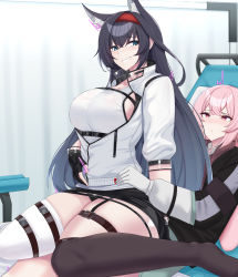 Rule 34 | 1boy, 1girl, :d, absurdres, animal ears, ansel (arknights), arknights, asymmetrical legwear, black gloves, black hair, black skirt, black thighhighs, blaze (arknights), blue eyes, blush, bottomless, breasts, clothed sex, commentary, english commentary, girl on top, gloves, hairband, hetero, highres, indoors, jacket, kanta (kanta 077), large breasts, long sleeves, looking at viewer, lying, on back, open mouth, parted lips, partially unzipped, pink hair, red eyes, red hairband, sex, sitting, skirt, smile, thigh strap, thighhighs, thighs, tongue, tongue out, wariza, white gloves, white jacket, white thighhighs