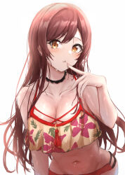 Rule 34 | 1girl, absurdres, bikini, blush, breasts, brown hair, cleavage, collarbone, finger to mouth, floral print, highres, idolmaster, idolmaster shiny colors, large breasts, long hair, looking at viewer, navel, osaki amana, red bikini, simple background, solo, straight hair, swimsuit, tonguewasabi, very long hair, water drop, white background, yellow eyes