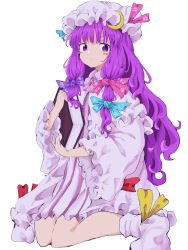 Rule 34 | 1girl, :/, absurdres, ankle socks, aqua bow, blue bow, blush stickers, book, hugging book, bootie, bow, bun cover, capelet, closed mouth, crescent, crescent hat ornament, footwear bow, frilled capelet, frilled sleeves, frills, full body, hair bow, hair ribbon, hand up, hat, hat ornament, highres, holding, holding book, knees together feet apart, long hair, looking at viewer, mob cap, mugi (mugimugi 9kv), neck ribbon, no shoes, hugging object, open clothes, patchouli knowledge, pink bow, pink ribbon, print bow, purple bow, purple eyes, purple hair, purple theme, red bow, ribbon, simple background, sitting, socks, solo, star (symbol), star print, striped, touhou, tress ribbon, vertical stripes, very long hair, wariza, white background, white socks, wide sleeves, yellow bow