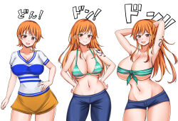 Rule 34 | 1girl, alternate hairstyle, breasts, evolution, highres, large breasts, long hair, looking at viewer, nami (one piece), one piece, orange hair, short hair, simple background, smile, time progression, timeskip, very long hair, wide hips