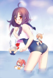 Rule 34 | 10s, 1girl, ass, breasts, i-168 (kancolle), i-19 (kancolle), i-58 (kancolle), kantai collection, long hair, purple hair, red eyes, school swimsuit, school uniform, serafuku, shiromochi, swimsuit, swimsuit under clothes, taigei (kancolle), twintails