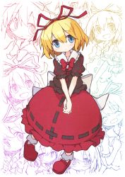 Rule 34 | 2girls, asameshi, back bow, black shirt, blonde hair, blue eyes, blush, bow, commentary, frills, full body, hair ribbon, own hands clasped, looking at viewer, medicine melancholy, multiple girls, multiple views, own hands together, red footwear, red neckwear, red ribbon, red skirt, ribbon, shirt, shoes, short hair, short sleeves, skirt, smile, socks, su-san, touhou, white bow, white legwear