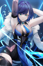 Rule 34 | 1girl, absurdres, armpits, arms up, artist name, black gloves, black thighhighs, blue dress, blue hair, bob cut, braid, breasts, cleavage, clothing cutout, diagonal bangs, dice, dress, earrings, elbow gloves, fur-trimmed jacket, fur trim, genshin impact, gloves, green eyes, highres, jacket, jacket on shoulders, jewelry, kb-5, large breasts, looking at viewer, mole, mole on breast, multicolored hair, neck tassel, parted lips, short hair, simple background, single elbow glove, sleeveless, sleeveless jacket, solo, thighhighs, two-tone hair, white jacket, yelan (genshin impact)