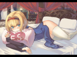 Rule 34 | 1girl, alice margatroid, alternate costume, bed, blonde hair, blue dress, blue eyes, blush, book, bookshelf, canopy bed, chair, china dress, chinese clothes, curtains, dress, gauntlets, hairband, lamp, letterboxed, lying, no panties, on bed, on side, open mouth, oukawa yuu, painting (object), patchouli knowledge, pillow, side slit, solo, table, team shanghai alice, thighhighs, touhou, white thighhighs, yes, yes-no pillow, zettai ryouiki