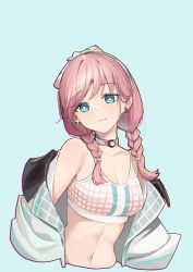 Rule 34 | 1girl, arknights, bare shoulders, blue background, blue eyes, blue poison (arknights), blue poison (shoal beat) (arknights), braid, breasts, camisole, choker, cleavage, crop top, cropped torso, earrings, hairband, head tilt, highres, jacket, jewelry, komi (komiking), long hair, looking at viewer, medium breasts, midriff, navel, off shoulder, official alternate costume, open clothes, open jacket, pink choker, pink hair, simple background, smile, solo, spaghetti strap, sports bra, stomach, twin braids, upper body, white jacket