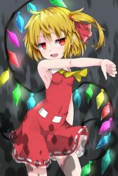 Rule 34 | 1girl, adapted costume, ahoge, armpits, ascot, bare arms, belt, blonde hair, bow, breasts, contrapposto, cowboy shot, cropped legs, crystal, curled fingers, dress, fang, flandre scarlet, grey background, hair between eyes, hair bow, laevatein, looking at viewer, messy hair, no headwear, open mouth, outstretched arm, petticoat, red dress, red eyes, side ponytail, sideboob, sleeveless, sleeveless dress, small breasts, solo, standing, teeth, thick eyebrows, thumbs down, touhou, upper teeth only, uumaru, wings, yellow ascot