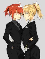 Rule 34 | 2girls, absurdres, ahoge, black jacket, black neckwear, black pants, blonde hair, braid, buttoned cuffs, buttons, closed mouth, collar, collared jacket, collared shirt, fate/grand order, fate (series), flower, formal, french braid, fujimaru ritsuka (female), fujimaru ritsuka (female) (royal brand), gloves, grey background, grey shirt, hair ornament, hair scrunchie, hand in pocket, hand on another&#039;s hip, high ponytail, highres, isaka, jacket, long sleeves, looking at viewer, mordred (fate), mordred (fate/apocrypha), mordred (formal dress) (fate), multiple girls, necktie, pants, parted lips, red hair, scrunchie, shirt, short hair, short ponytail, simple background, smile, standing, suit, white flower, white gloves, white shirt, yellow eyes