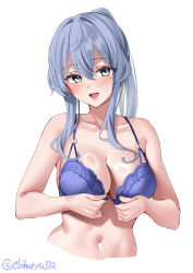 Rule 34 | 1girl, alternate breast size, alternate costume, blue bra, blue hair, bra, breasts, commentary request, cropped torso, ebifurya, front-hook bra, gotland (kancolle), hair between eyes, highres, kantai collection, large breasts, long hair, looking at viewer, medium hair, mole, mole under eye, navel, o-ring bra, one-hour drawing challenge, open bra, open mouth, ponytail, removing bra, smile, solo, stomach, twitter username, underwear, undressing, upper body