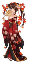 Rule 34 | 1girl, :d, asle, autumn leaves, black footwear, black hair, breasts, brown eyes, cleavage, collarbone, date a live, floral print, hand fan, heterochromia, holding, holding fan, japanese clothes, kimono, leaf, long hair, long sleeves, maple leaf, medium breasts, obi, open mouth, paper fan, photoshop (medium), print kimono, red eyes, red kimono, sash, simple background, smile, solo, standing, tokisaki kurumi, twintails, uchiwa, v-shaped eyebrows, white background, wide sleeves