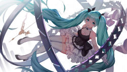 Rule 34 | 1girl, alternate costume, aqua eyes, aqua hair, black footwear, black ribbon, blush, breasts, cleavage, collarbone, commentary request, from above, full body, gloves, hair ribbon, hatsune miku, high heels, highres, layered skirt, long hair, looking at viewer, looking up, medium breasts, parted lips, pre (preecho), ribbon, see-through, simple background, skirt, sleeveless, smile, solo, teeth, thighhighs, upper teeth only, very long hair, vocaloid, white background, white gloves, white skirt, white thighhighs, zettai ryouiki