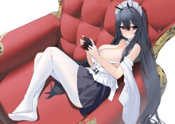 Rule 34 | 1girl, absurdres, ass cutout, azur lane, bare shoulders, black hair, black skirt, blush, breasts, chair, choker, cleavage, closed mouth, clothing cutout, couch, frilled choker, frills, from side, full body, hair between eyes, handheld game console, highres, holding, holding handheld game console, indomitable (azur lane), indomitable (ms. motivationless maid) (azur lane), kawa tamago, large breasts, long hair, looking at viewer, maid headdress, miniskirt, nintendo switch, official alternate costume, on chair, pantyhose, pleated skirt, red eyes, simple background, skirt, solo, very long hair, white background, white pantyhose