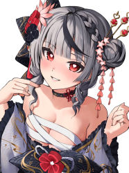 Rule 34 | 1girl, absurdres, bad id, bad pixiv id, bare shoulders, black choker, black hair, blush, braid, breasts, chest sarashi, choker, cleavage, commentary request, flower, flower knot, grey hair, grey kimono, hair bun, hair flower, hair ornament, hair stick, hands up, heart, heart-shaped pupils, highres, hololive, japanese clothes, kimono, looking at viewer, medium breasts, medium hair, multicolored hair, nail polish, off shoulder, official alternate costume, parted lips, pink flower, red eyes, sakamata chloe, sakamata chloe (new year), sarashi, simple background, single hair bun, smile, solo, streaked hair, symbol-shaped pupils, tassel, tate yukimi, teeth, virtual youtuber, white background