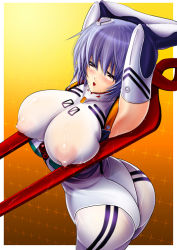 Rule 34 | 1girl, :d, alternate breast size, arched back, armpits, arms behind head, arms up, ass, ayanami rei, bident, blue hair, blush, breast press, breasts, covered erect nipples, curvy, elbow gloves, gem, gloves, hair ornament, huge ass, huge breasts, kawaraya a-ta, lance of longinus (evangelion), looking away, naughty face, neon genesis evangelion, nipples, open mouth, plugsuit, polearm, puffy nipples, red eyes, see-through, short hair, skin tight, smile, solo, weapon, wet, wet clothes
