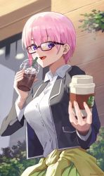 Rule 34 | 1girl, :d, absurdres, alternate eye color, bespectacled, black jacket, blazer, blush, breasts, building, cardigan, cardigan around waist, clothes around waist, coffee, coffee cup, collared shirt, commentary request, cowboy shot, cup, disposable cup, drinking straw, frappuccino, glasses, go-toubun no hanayome, green skirt, hair between eyes, highres, holding, holding cup, jacket, large breasts, long sleeves, looking at viewer, nakano ichika, open clothes, open jacket, open mouth, outdoors, pink hair, plant, pleated skirt, purple eyes, school uniform, shirt, short hair, sidelocks, skirt, smile, solo, sooon, standing, teeth, twitter username, upper teeth only, white shirt, yellow cardigan
