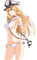 Rule 34 | &gt;:d, 1girl, :d, adapted costume, alternate costume, anchor, arm at side, armlet, bare shoulders, between breasts, bikini, bismarck (kancolle), black eyes, blonde hair, blue eyes, blush, bow, breasts, choker, collarbone, cosplay, cowboy shot, cross, hair between eyes, hat, iron cross, kantai collection, looking at viewer, medium breasts, ohta yuichi, open mouth, peaked cap, profile, sailor bikini, sailor collar, sideboob, smile, solo, standing, strap between breasts, swimsuit, thighs, v-shaped eyebrows, whiskers, white bikini, white bow, white hat, z3 max schultz (kancolle), z3 max schultz (kancolle) (cosplay)