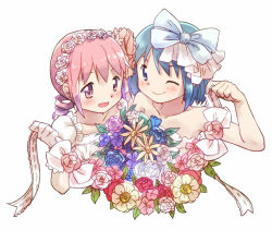 Rule 34 | 2girls, :d, ;), alternate costume, arm ribbon, arm up, armlet, armpit peek, bad id, bad pixiv id, bare arms, bare shoulders, blue eyes, blue flower, blue hair, blue rose, blush, bouquet, collarbone, dot nose, dress, drill hair, flower, frills, from above, gloves, hair flower, hair ornament, hair ribbon, hairband, happy, holding, holding bouquet, kaname madoka, kirikuchi riku, leaf, looking at viewer, looking up, mahou shoujo madoka magica, mahou shoujo madoka magica (anime), miki sayaka, multiple girls, one eye closed, open mouth, pink eyes, pink flower, pink hair, pink rose, puffy short sleeves, puffy sleeves, purple flower, purple rose, red flower, red rose, ribbon, rose, short hair, short sleeves, side-by-side, simple background, smile, strapless, strapless dress, upper body, white background, white dress, white flower, white gloves, white hairband, white ribbon, wrist ribbon