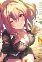 Rule 34 | 1girl, azur lane, black jacket, blush, breasts, bremerton (azur lane), cleavage, cup, disposable cup, fukai ryosuke, grey skirt, highres, holding, holding cup, jacket, jewelry, large breasts, leaf, licking lips, long hair, long sleeves, looking at viewer, mole, mole on breast, multicolored hair, necklace, one eye closed, pink eyes, pink hair, sitting, skirt, smile, streaked hair, thighs, tongue, tongue out, twintails