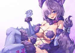 Rule 34 | 1girl, :d, animal ears, bare shoulders, breasts, claws, cleavage, fang, fate/grand order, fate (series), fur bracelet, fur collar, fur trim, hand up, heirou, holding tail, large breasts, looking at viewer, mash kyrielight, mash kyrielight (dangerous beast), navel, official alternate costume, open mouth, purple eyes, purple hair, purple thighhighs, revealing clothes, short hair, simple background, smile, solo, stomach, tail, thighhighs, white background, wolf ears, wolf girl, wolf tail
