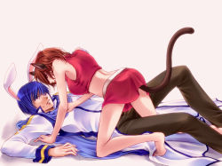 Rule 34 | 1boy, 1girl, all fours, animal ears, bad id, bad pixiv id, blue eyes, blue hair, blue scarf, blush, brown hair, cat ears, cat tail, girl on top, kaito (vocaloid), lifted by tail, meiko (vocaloid), miniskirt, rabbit ears, scarf, short hair, skirt, sweatdrop, tail, tonyo (milky crown), totono, vocaloid