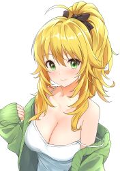 Rule 34 | absurdres, ahoge, b1ack illust, black ribbon, blonde hair, blush, breasts, camisole, cleavage, closed mouth, collarbone, dot nose, green eyes, green sweater, hair between eyes, hair over shoulder, hair ribbon, highres, hoshii miki, idolmaster, idolmaster (classic), idolmaster million live!, idolmaster million live! theater days, large breasts, light smile, long hair, looking at viewer, messy hair, off shoulder, official alternate hairstyle, ponytail, ribbon, sidelocks, simple background, spaghetti strap, sweater, upper body, white background, white camisole