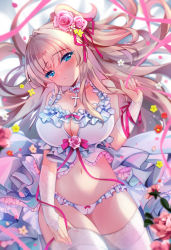 Rule 34 | 1girl, babydoll, blonde hair, blue eyes, blush, bow, bra, breasts, bridal gauntlets, cameltoe, choker, cleavage, closed mouth, cowboy shot, cross, dot mouth, flower, frilled panties, frills, hair bow, hair flower, hair intakes, hair ornament, head tilt, ichiyou moka, large breasts, lingerie, looking at viewer, navel, original, panties, pink flower, pink rose, red bow, rose, side ponytail, solo, thighhighs, underwear, white bra, white choker, white panties, white thighhighs