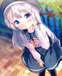 Rule 34 | 1girl, beret, black hat, black pantyhose, blue eyes, blue sailor collar, blue skirt, blurry, blurry background, blush, chinomaron, closed mouth, collarbone, commentary request, day, depth of field, gochuumon wa usagi desu ka?, hair ornament, hand up, hat, highres, kafuu chino, leaning forward, long hair, looking at viewer, neck ribbon, outdoors, pantyhose, railing, red ribbon, ribbon, sailor collar, school uniform, serafuku, shirt, short sleeves, signature, skirt, smile, solo, suspender skirt, suspenders, very long hair, water, white hair, white shirt, x hair ornament