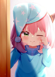 Rule 34 | 1girl, absurdres, anya (spy x family), backlighting, blue dress, blue hat, blush, child, closed mouth, commentary request, dress, green eyes, hand up, hat, highres, kiyo (yamazoe1122), long sleeves, looking at viewer, nightcap, one eye closed, pink hair, print headwear, puffy long sleeves, puffy sleeves, rubbing eyes, sleepy, solo, spy x family, star (symbol), star print, upper body