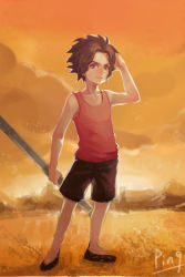 Rule 34 | 1boy, black hair, child, cloud, east blue, freckles, lead pipe, male focus, one piece, ping, ping (caoyanping198793), portgas d. ace, short hair, shorts, signature, solo, sword, tank top, weapon, aged down
