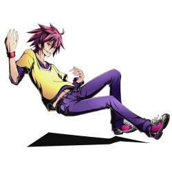 Rule 34 | 10s, 1boy, alpha transparency, collarbone, divine gate, full body, grin, groin, hair between eyes, looking at viewer, male focus, navel, no game no life, official art, pants, purple hair, purple pants, purple shirt, red eyes, shadow, shirt, smile, solo, sora (no game no life), spiked hair, transparent background, ucmm, wrist cuffs, yellow shirt