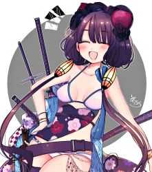 Rule 34 | 1girl, :d, ^ ^, bangle, bare shoulders, bikini, blush, bracelet, breasts, closed eyes, collarbone, fate/grand order, fate (series), floral print, grey background, grin, hair ornament, hand on own hip, highres, jewelry, katana, katsushika hokusai (fate), katsushika hokusai (swimsuit saber) (fate), long hair, looking at viewer, low twintails, medium breasts, notice lines, open mouth, purple hair, smile, sofra, solo, swimsuit, sword, teeth, twintails, two-tone background, upper teeth only, very long hair, weapon, white background, white bikini
