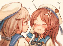Rule 34 | 2girls, blue sailor collar, brown hair, commentary request, crying, closed eyes, green eyes, grey hair, hand on another&#039;s face, hat, kantai collection, long hair, low twintails, mikura (kancolle), multiple girls, sailor collar, sailor hat, sailor shirt, shirt, short sleeves, tears, twintails, upper body, wavy hair, white headwear, white shirt, wss (nicoseiga19993411), yashiro (kancolle)