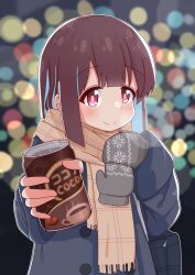 Rule 34 | 1girl, absurdres, altair altea, bag, black coat, blue hair, blunt bangs, blunt ends, blurry, bokeh, brown hair, can, coat, commentary, depth of field, drink can, enpera, highres, hozuki momiji, long sleeves, looking at viewer, mitten removed, mittens, multicolored hair, onii-chan wa oshimai!, reaching, reaching towards viewer, red eyes, scarf, smile, solo, two-tone hair, upper body, winter, winter clothes, winter coat