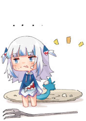 Rule 34 | ..., averting eyes, barefoot, blue eyes, blue hair, blue hoodie, blunt bangs, blush, chibi, chibi only, facing viewer, fins, fish tail, food, food on face, gawr gura, gawr gura (1st costume), gradient sleeves, grey hair, hair ornament, hololive, hololive english, hood, hoodie, kurushiro1102, long hair, long sleeves, mini person, minigirl, multicolored hair, no pants, notice lines, shark hair ornament, shark tail, sleeves past fingers, sleeves past wrists, streaked hair, tail, two side up, virtual youtuber, wide sleeves