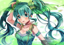 Rule 34 | 1girl, aqua eyes, aqua hair, arm up, breasts, cleavage, flower, hair flower, hair ornament, hatsune miku, hikari no, jewelry, long hair, looking at viewer, necklace, solo, twintails, vocaloid