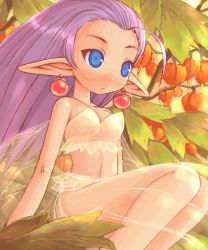 Rule 34 | 1girl, ahoge, blue eyes, earrings, fairy, insect wings, jewelry, mini person, minigirl, pointy ears, purple hair, see-through, shigatake, sitting, solo, wings